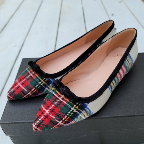 🆕️ J Crew Pointed Bow Flats Snowy Tartan Plaid - Picture 2 of 7